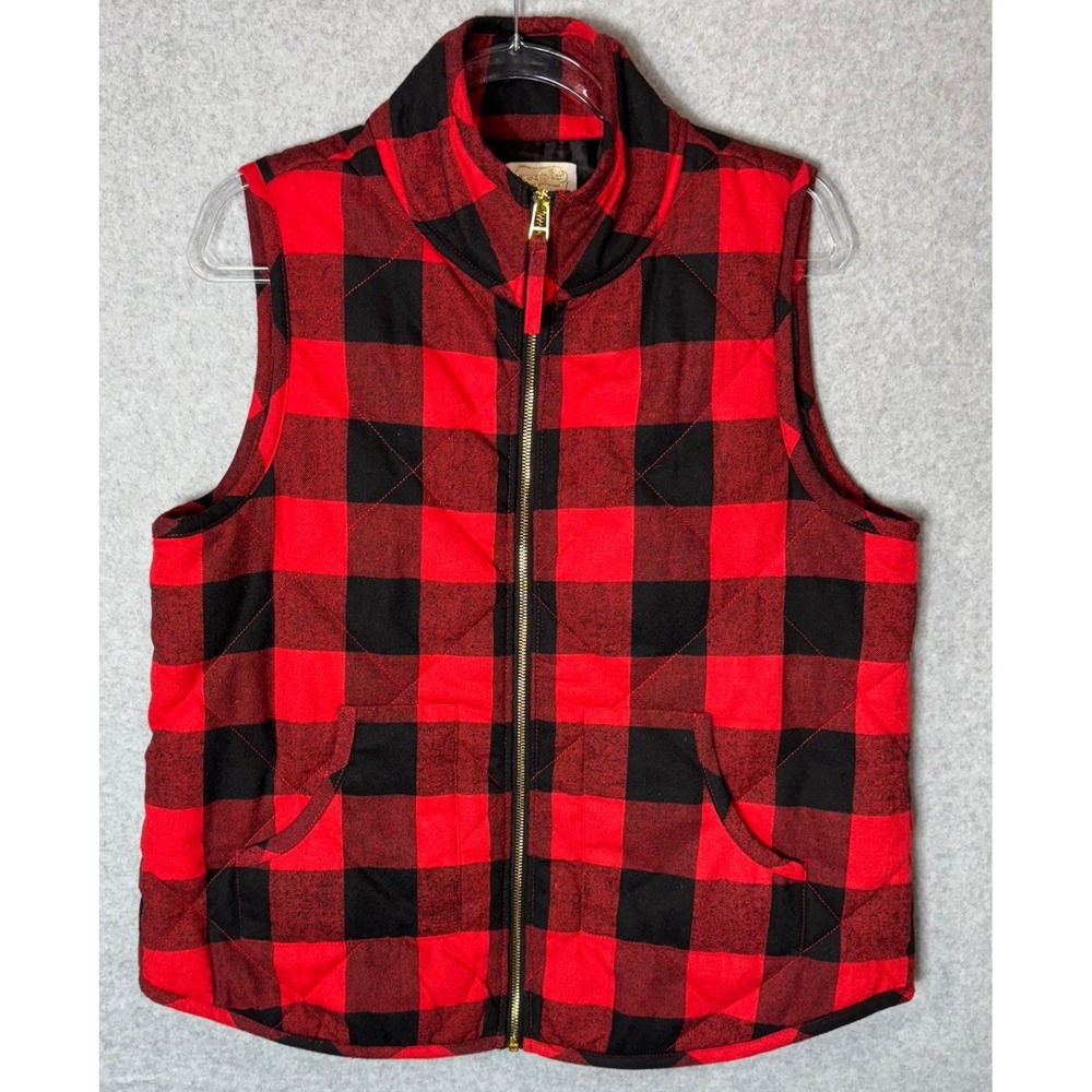 Mud Pie Buffalo Plaid Puffer Vest Full Zip Pockets Red‎ Black Womens L